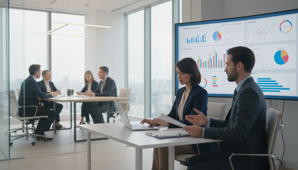 A modern, sleek office environment featuring a diverse team of professionals engaged in the selection process. In the foreground, a well-dressed woman with a laptop intently reviews resumes, while a man in a business suit holds a stack of candidate applications. In the middle ground, a large monitor displays analytics and graphs related to job postings and candidate data. The background showcases a glass-walled meeting room where a small group is conducting interviews, with natural light pouring in from large windows, creating a bright and inviting atmosphere. The mood is collaborative and focused, emphasizing efficiency and professionalism in hiring. Use soft, diffused lighting to enhance the workspace and create a warm ambiance.