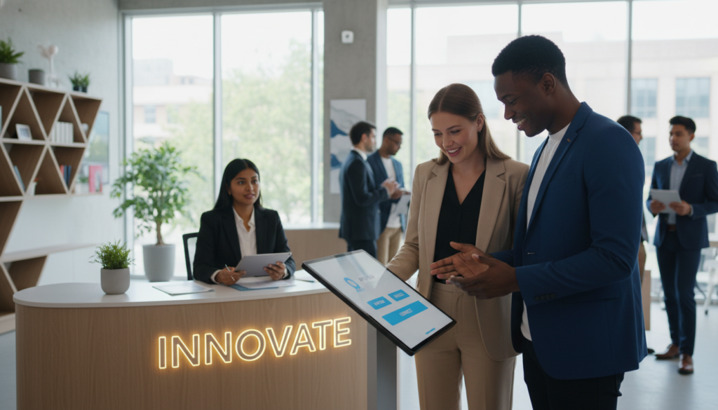 A modern, well-lit office space showcasing a diverse group of professional candidates engaged in a recruitment process. In the foreground, a confident male and female candidate are interacting with a digital device displaying job application options, dressed in smart casual attire. In the middle, a recruiter is reviewing application materials, attentively listening to the candidates, while a welcoming, tech-savvy environment emphasizes innovation. The background reveals large windows with natural light streaming in, greenery, and contemporary decor, creating an inviting atmosphere. The overall mood conveys optimism and professionalism, highlighting the importance of a positive candidate experience in recruitment. The scene captures dynamic interactions, emphasizing engagement and support within the recruitment process. A modern, well-lit office space showcasing a diverse group of professional candidates engaged in a recruitment process. In the foreground, a confident male and female candidate are interacting with a digital device displaying job application options, dressed in smart casual attire. In the middle, a recruiter is reviewing application materials, attentively listening to the candidates, while a welcoming, tech-savvy environment emphasizes innovation. The background reveals large windows with natural light streaming in, greenery, and contemporary decor, creating an inviting atmosphere. The overall mood conveys optimism and professionalism, highlighting the importance of a positive candidate experience in recruitment. The scene captures dynamic interactions, emphasizing engagement and support within the recruitment process.