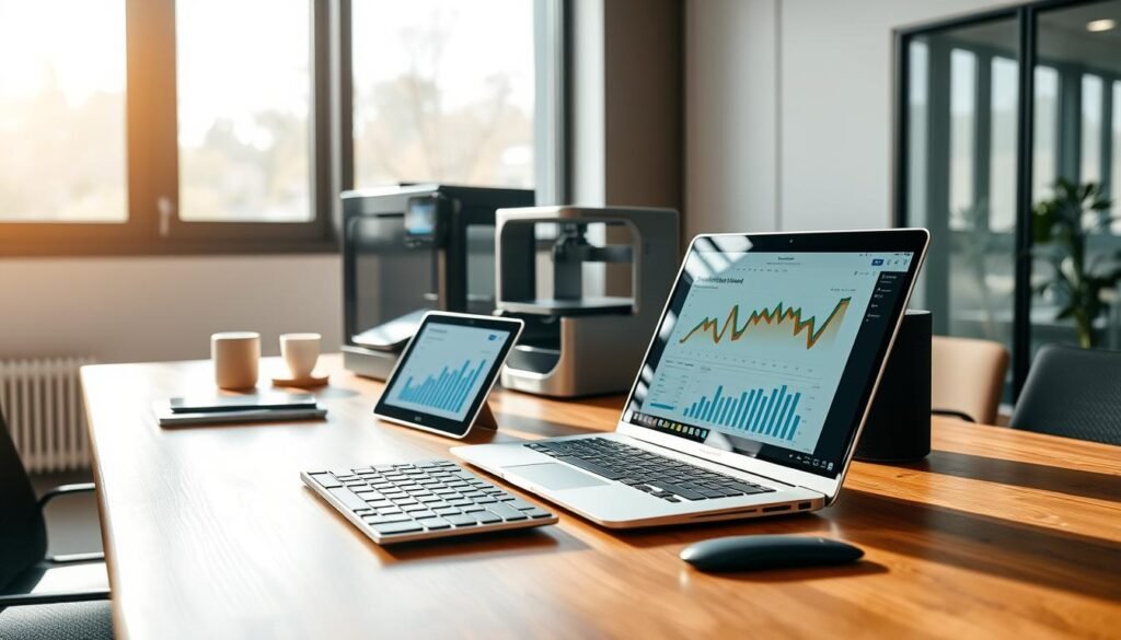 A modern workspace featuring an array of advanced technological tools on a sleek wooden desk, emphasizing innovation and efficiency. In the foreground, a high-resolution laptop with data analytics software open, surrounded by a tablet displaying graphs and statistics, and an ergonomic keyboard. The middle ground showcases a 3D printer and a smart speaker, symbolizing cutting-edge technology. In the background, large windows let in natural light, illuminating the space with a bright, inviting atmosphere. The scene is set in a professional office with a minimalistic design, reflecting a mood of productivity and focus. The composition should use soft, warm lighting to enhance the welcoming environment, captured from a slightly elevated angle to showcase all elements harmoniously.