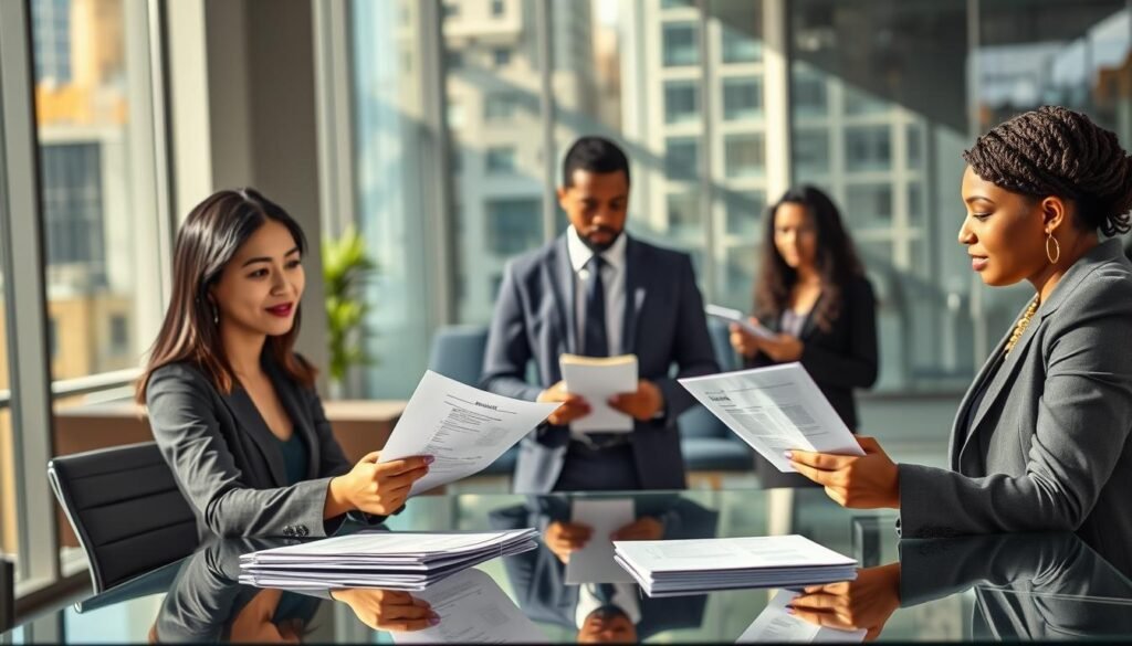 A professional and dynamic scene depicting a diverse group of individuals engaged in a competency-based job selection process set against the backdrop of an urban office. In the foreground, a well-dressed female recruiter is attentively reviewing resumes at a sleek glass table, expressing a focused and optimistic demeanor. The middle ground features two candidates, one Asian and one Black, dressed in business attire, engaged in a mock interview scenario, showcasing a collaborative and respectful atmosphere. The background includes a modern office setting with natural light streaming through large windows, casting soft shadows and creating a warm and inviting mood. The overall ambiance should convey a sense of hope and professionalism in the face of economic challenges, emphasizing the importance of skills in job selection amidst high unemployment.