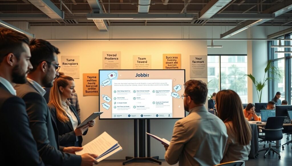 A professional and inviting office environment showcasing a recruitment scene. In the foreground, a diverse group of professionals are engaged in a dynamic discussion, reviewing resumes and job descriptions, all dressed in business attire. The middle ground features a large screen displaying a digital job offer with clear, modern graphics, surrounded by motivational posters about teamwork and success. The background shows a bright, spacious office with large windows letting in natural light, plants adding a touch of greenery, and colleagues collaborating at desks. The mood is energetic and focused, conveying a sense of opportunity and professionalism. The lighting is warm and welcoming, emphasizing a productive atmosphere, captured with a slight angle for depth.