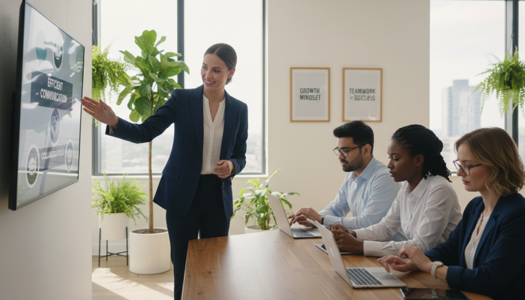 A professional and modern office setting, with a diverse group of employees engaged in a digital onboarding session. In the foreground, a smiling woman in a smart business attire is confidently presenting on a sleek digital screen, showcasing benefits such as efficient communication and collaborative tools. In the middle ground, colleagues, including a man and two women of varied ethnic backgrounds, are attentively interacting with tablets and laptops, indicating an engaged learning atmosphere. The background features a bright and airy office with large windows allowing natural light to flood in, green plants, and motivational posters. The overall mood is productive and welcoming, symbolizing a seamless transition into a digital workplace environment, shot with a soft-focus lens to emphasize the human connections.