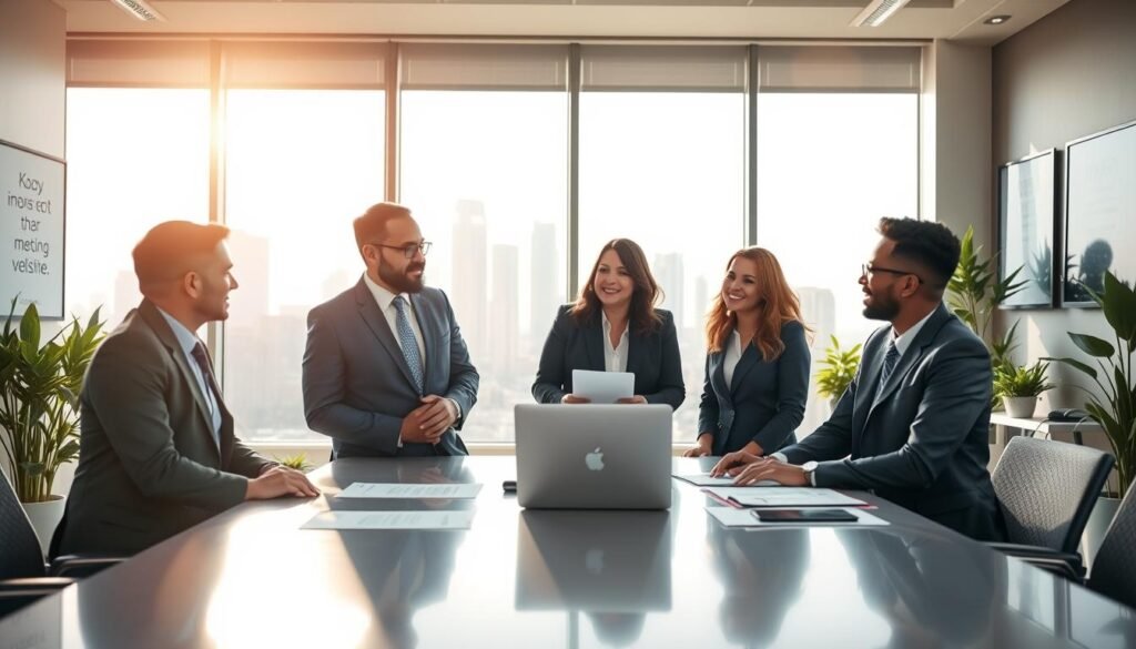 A professional business meeting scene in a modern office environment. In the foreground, a diverse group of four executives, dressed in smart business attire, are engaged in a focused discussion around a sleek conference table filled with documents and a laptop. In the middle ground, a large window reveals a city skyline bathed in warm, natural light, creating a welcoming atmosphere. The background features a stylish office decor with motivational artwork and green plants, suggesting growth and productivity. The lighting is bright yet soft, highlighting the expressions of collaboration and optimism on the executives' faces. The overall mood is professional, forward-thinking, and dynamic, emphasizing proven results in executive selection and team effectiveness. A professional business meeting scene in a modern office environment. In the foreground, a diverse group of four executives, dressed in smart business attire, are engaged in a focused discussion around a sleek conference table filled with documents and a laptop. In the middle ground, a large window reveals a city skyline bathed in warm, natural light, creating a welcoming atmosphere. The background features a stylish office decor with motivational artwork and green plants, suggesting growth and productivity. The lighting is bright yet soft, highlighting the expressions of collaboration and optimism on the executives' faces. The overall mood is professional, forward-thinking, and dynamic, emphasizing proven results in executive selection and team effectiveness.