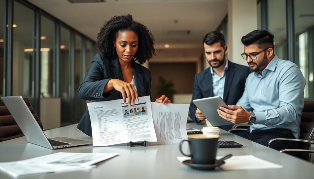 A professional business meeting scene in an office setting, focusing on two business professionals reviewing candidate profiles. In the foreground, a diverse executive, a Black woman in a smart blazer, is pointing at a document with detailed candidate descriptions, while her colleague, a Hispanic man in a crisp shirt, takes notes on a tablet. The middle ground features a sleek conference table with laptops, printed resumes, and coffee cups. The background displays a modern office with large windows, letting in soft, natural light, creating an inviting atmosphere. The mood is focused and collaborative, with the professionals engaged in meaningful discussion. The image should be captured from a slightly elevated angle to emphasize the interaction. A professional business meeting scene in an office setting, focusing on two business professionals reviewing candidate profiles. In the foreground, a diverse executive, a Black woman in a smart blazer, is pointing at a document with detailed candidate descriptions, while her colleague, a Hispanic man in a crisp shirt, takes notes on a tablet. The middle ground features a sleek conference table with laptops, printed resumes, and coffee cups. The background displays a modern office with large windows, letting in soft, natural light, creating an inviting atmosphere. The mood is focused and collaborative, with the professionals engaged in meaningful discussion. The image should be captured from a slightly elevated angle to emphasize the interaction.
