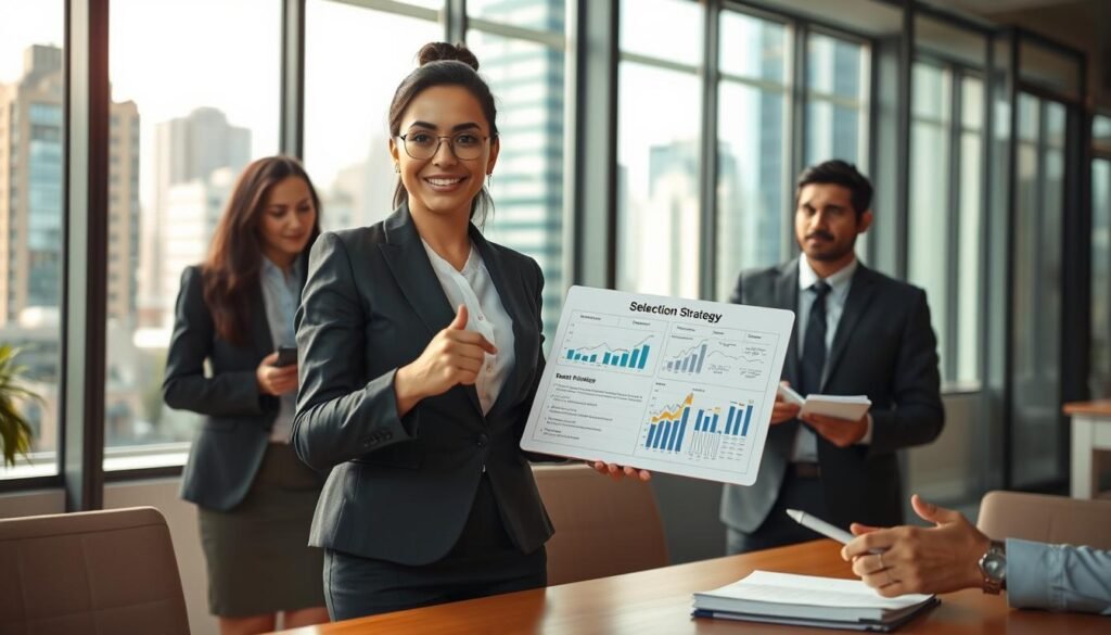 A professional business setting in Colombia, featuring a diverse group of three individuals engaged in a recruitment meeting. In the foreground, a confident woman in a tailored suit is presenting a selection strategy using a laptop, showcasing charts and graphs. Beside her, a man in formal attire takes notes, showing attentiveness. In the background, a large window reveals a bustling cityscape typical of a Colombian metropolis, allowing natural light to flood the room, casting soft shadows. The atmosphere is focused and professional, reflecting collaboration and innovation in the hiring process. Use warm, inviting colors to enhance the positive mood of a successful team dedicated to efficient personnel selection. Capture the scene with a slight depth of field to emphasize the foreground action while maintaining the context of the busy office environment.