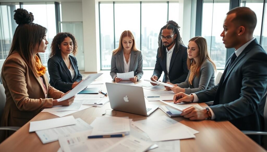 A professional hiring process scene in a modern office environment. In the foreground, a diverse group of three interviewers, dressed in formal business attire, are engaged in a discussion while reviewing resumes and notes. The middle ground features a large table cluttered with evaluation forms and a laptop displaying candidate profiles. In the background, a spacious, well-lit office with glass windows showcasing a city skyline. Soft, natural light filters through the windows, creating a welcoming atmosphere. The setting conveys a sense of professionalism and attention to detail, emphasizing the importance of evaluating candidates beyond their CVs. The overall mood is serious yet optimistic, reflecting the significance of cultural fit and legal compliance in hiring.