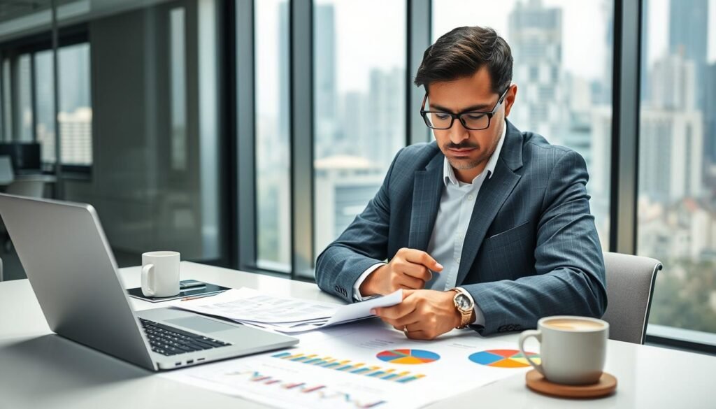 A professional human resources analyst examining hiring data in a modern office setting. Foreground: a focused, mature person of Colombian descent in business attire, reviewing charts and graphs on a laptop, surrounded by papers and a coffee cup. Middle: a sleek desk with colorful bar graphs and pie charts on display, representing updated salary statistics and comparisons for HR analysts in Colombia. Background: a bright office with glass windows showing a cityscape, soft natural light streaming in, creating a productive atmosphere. The overall mood is analytical and professional, conveying attention to detail and the importance of recruitment statistics. A professional human resources analyst examining hiring data in a modern office setting. Foreground: a focused, mature person of Colombian descent in business attire, reviewing charts and graphs on a laptop, surrounded by papers and a coffee cup. Middle: a sleek desk with colorful bar graphs and pie charts on display, representing updated salary statistics and comparisons for HR analysts in Colombia. Background: a bright office with glass windows showing a cityscape, soft natural light streaming in, creating a productive atmosphere. The overall mood is analytical and professional, conveying attention to detail and the importance of recruitment statistics.