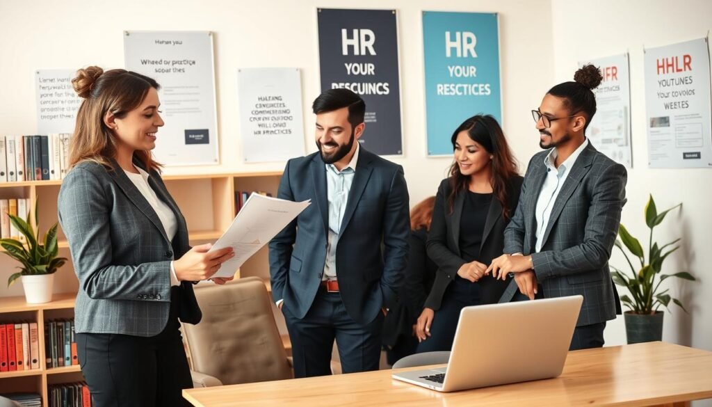 A professional human resources office setting, showing a diverse group of four individuals engaged in a collaborative discussion. In the foreground, a well-dressed woman is presenting a document while a man, also in business attire, is taking notes. In the middle ground, two other team members are attentively listening, one pointing to a chart on a laptop. The background features shelves filled with books on HR practices, motivational posters on the walls, and a potted plant for a touch of color. The lighting is bright and warm, suggesting a motivated and positive atmosphere, captured from a slightly elevated angle to encompass the entire scene. The image embodies professionalism, collaboration, and the essence of effective human resource practices.