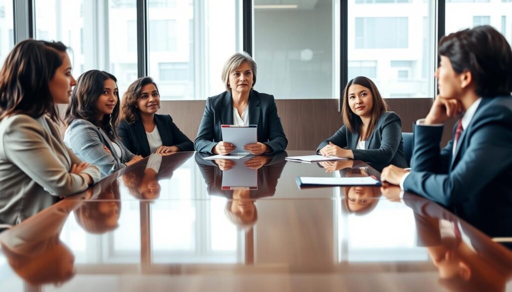 A professional interview setting focusing on competency-based selection in Colombia. In the foreground, a diverse group of three candidates in business attire, sitting at a polished conference table, displaying a mix of confidence and curiosity. The middle layer features an interviewer, a middle-aged woman in a smart blazer, engaging with the candidates, holding a clipboard and looking attentive. The background depicts a modern office with large windows, allowing natural light to illuminate the scene, casting soft shadows. The overall atmosphere is formal yet approachable, with warm colors that evoke a sense of professionalism and focus. Capture the essence of traditional and competency-based selection methods through expressions and body language, emphasizing thoughtful engagement.