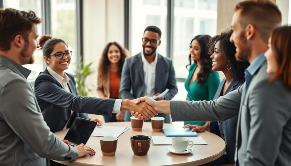 A professional negotiation scene depicting a diverse group of individuals engaged in a contract hiring discussion. In the foreground, two well-dressed professionals, one man and one woman, are shaking hands with confident smiles, symbolizing a successful negotiation. The middle ground features a round conference table with laptops, documents, and coffee cups, indicating a collaborative atmosphere. The background shows a modern office space with large windows, allowing soft, natural light to illuminate the scene, creating a warm and inviting ambiance. The camera angle is slightly above eye level, providing a clear view of the participants and emphasizing the importance of the discussion. The overall mood is optimistic and focused, capturing the essence of effective negotiation strategies in the hiring process.