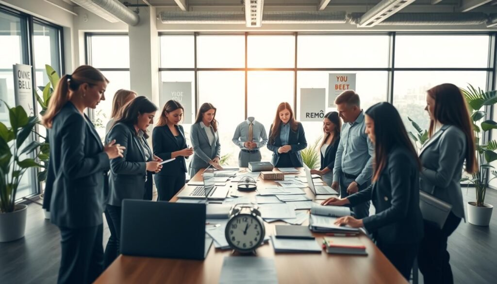 A professional office environment illustrating the "selection process" in human resources. In the foreground, a diverse group of business professionals, women and men of various ethnicities, dressed in smart business attire, are engaged in a collaborative discussion, reviewing resumes and application forms. In the middle, a large table is cluttered with papers, laptops, and a clock indicating time passing. In the background, large windows allow soft natural light to pour in, creating a bright and inviting atmosphere. The space has a modern design with plants and motivational posters. The mood is focused yet relaxed, conveying the idea of strategic decision-making in hiring. The angle captures both the professionals and the workspace to emphasize teamwork and thoroughness in the selection process.