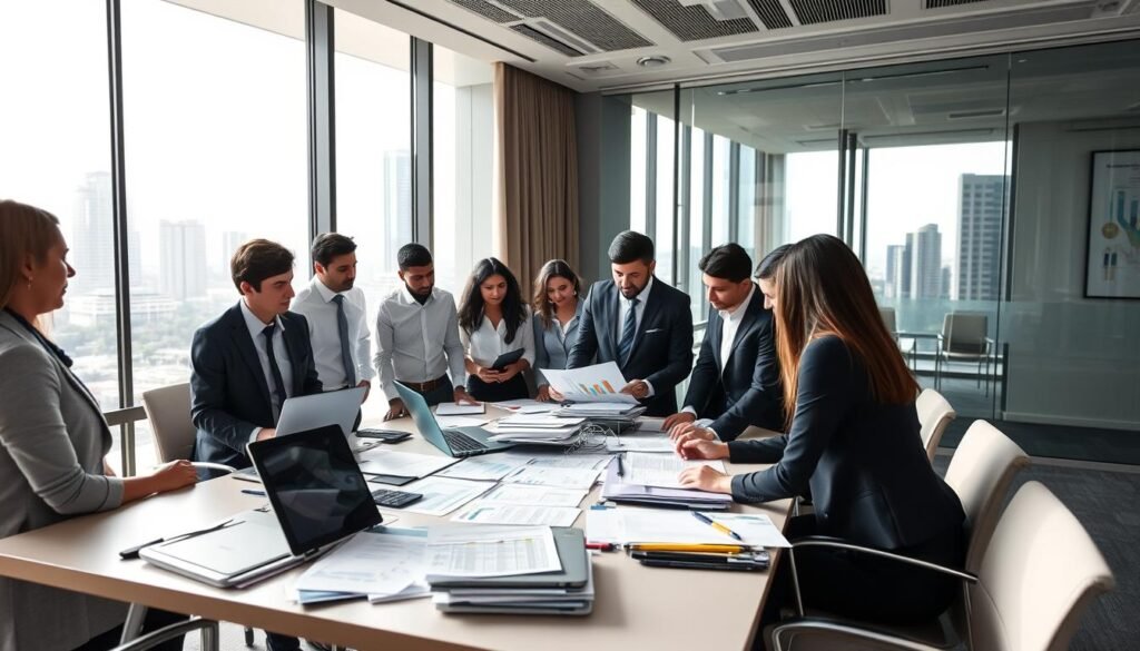 A professional office environment in Colombia, featuring a well-lit conference room. In the foreground, a diverse group of businesspeople dressed in formal attire, analyzing charts and documents related to temporary work agencies. Include a mix of ethnicities, showcasing collaboration and discussion. In the middle, a large table cluttered with laptops, folders, and evaluation forms, emphasizing the assessment process. The background displays a modern city skyline through large windows, symbolizing growth and opportunity. Soft, natural light streams in, creating a positive and focused atmosphere. The scene conveys professionalism, trust, and the importance of making informed decisions about temporary work agencies. Aim for a slight depth of field to engage viewers with the foreground activity.