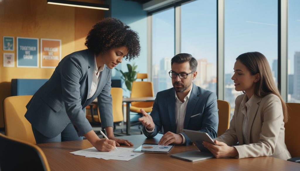 A professional office setting bustling with activity, symbolizing human resources and employer branding. In the foreground, a diverse group of three professionals engaged in a discussion, one annotating a document on the table, another presenting ideas with digital tablets, all dressed in smart business attire. The middle ground features a welcoming HR office, with a warm color palette, modern furniture, and motivational posters on the walls that emphasize teamwork and talent growth. The background displays a large window reflecting a sunny day outside, casting soft natural light across the room. The mood is collaborative and proactive, conveying a sense of engagement and innovation. Use an angle that captures the interaction among the professionals, highlighting their expressions of enthusiasm and determination.