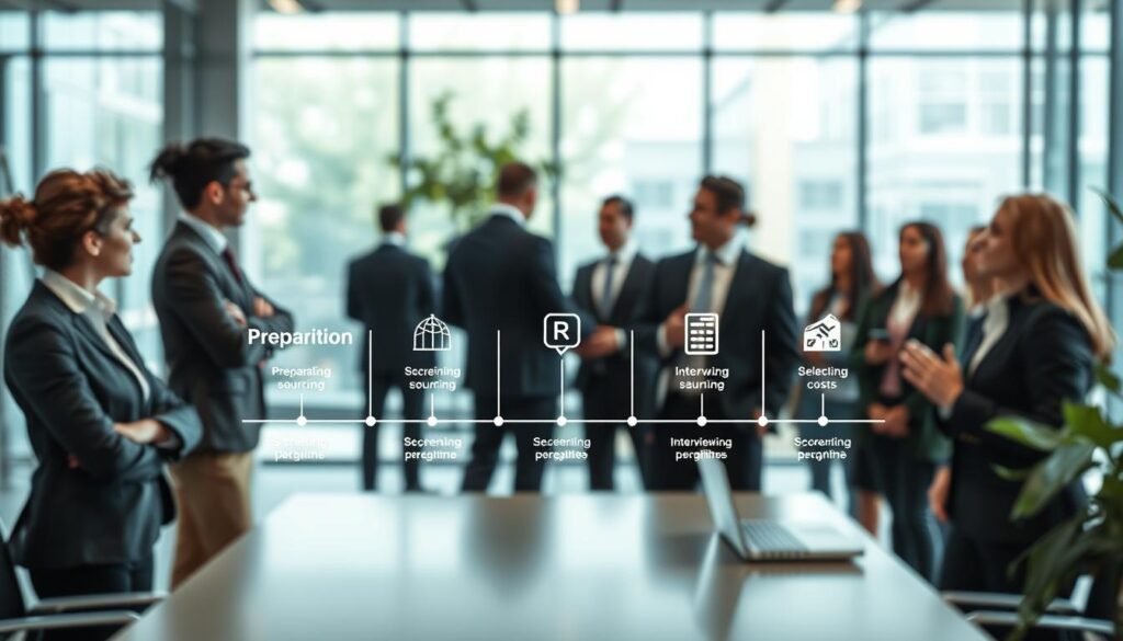 A professional office setting depicting the stages of the recruitment process, illustrated through a visual flowchart design. In the foreground, diverse professionals in business attire are engaged in discussion, representing the "preparation" and "sourcing" stages. In the middle ground, a visual representation of a timeline showcasing stages such as "screening," "interviewing," and "selection" with icons and symbols, professionally arranged. The background features a modern office with large windows, natural light illuminating the space, creating a bright and inviting atmosphere. Use soft focus on the background elements to emphasize the stages in the center, aiming for a clean, professional appearance that captures the complexity and impact of recruitment costs. The overall mood is collaborative and insightful.