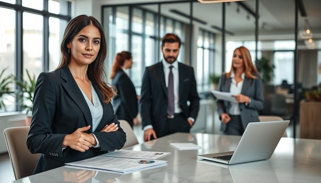 A professional office setting featuring a diverse group of business professionals engaged in a selection process. In the foreground, a confident female headhunter, dressed in smart business attire, is discussing candidates with two colleagues, one male and one female, both also in professional attire. In the middle ground, an elegantly designed conference table is adorned with resumes and a laptop displaying candidate profiles. The background reveals a modern office space with large windows letting in natural light, creating an inviting atmosphere. Use soft lighting to enhance the mood, capturing a sense of collaboration and professionalism. The angle should be slightly above eye-level, showcasing the dynamic interaction among the team members, emphasizing their focus on selecting the right candidates for the company.