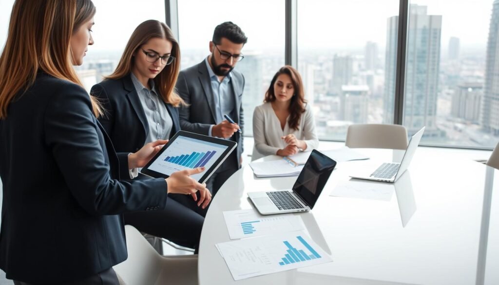 A professional office setting featuring a diverse group of three business people engaged in a discussion about salary factors for a personnel selection analyst in Colombia. In the foreground, a woman in a tailored suit is pointing to a chart on a digital tablet, while a man in a blazer takes notes and a woman in a blouse listens attentively. The middle layer shows a modern conference table with documents, graphs, and a laptop open, indicating an analytical discussion. In the background, large windows let in natural light, with a cityscape view that reflects a professional atmosphere. The scene is well-lit and conveys a serious yet collaborative mood, emphasizing the importance of interpreting salary factors with insight. A professional office setting featuring a diverse group of three business people engaged in a discussion about salary factors for a personnel selection analyst in Colombia. In the foreground, a woman in a tailored suit is pointing to a chart on a digital tablet, while a man in a blazer takes notes and a woman in a blouse listens attentively. The middle layer shows a modern conference table with documents, graphs, and a laptop open, indicating an analytical discussion. In the background, large windows let in natural light, with a cityscape view that reflects a professional atmosphere. The scene is well-lit and conveys a serious yet collaborative mood, emphasizing the importance of interpreting salary factors with insight.