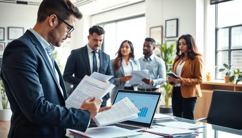 A professional office setting, focusing on a diverse group of candidates engaged in a thorough background verification process. In the foreground, a focused recruiter reviews application documents, surrounded by folders and a laptop showing graphs of candidate metrics. In the middle ground, two candidates are engaged in a discussion with another HR staff member, all in professional attire, looking serious and attentive. The background features a large window allowing natural light to filter in, illuminating a modern office with plants and certification frames on the walls. The atmosphere is diligent, productive, and focused on thorough evaluation, capturing the essence of an integral verification process in hiring.