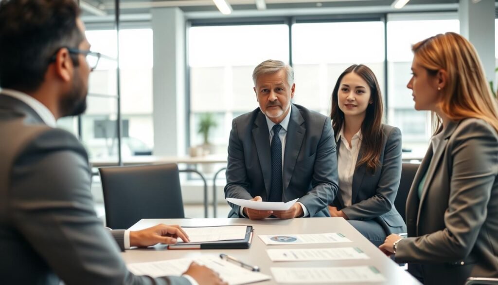 A professional office setting for the "selection process" featuring a diverse group of candidates and interviewers engaging in a hiring interview. In the foreground, a confident female candidate dressed in a smart business suit sits across from two interviewers, a middle-aged man and a young woman, both in professional attire. In the middle, a table with resumes and a notepad, suggesting a detailed evaluation. In the background, a modern office environment with large windows letting in soft, natural light, creating a warm atmosphere. The composition is shot from a slightly elevated angle to capture both the candidates and the interviewers, emphasizing the seriousness and professionalism of the selection process. The mood is focused and collaborative, reflecting the importance of careful selection in business.