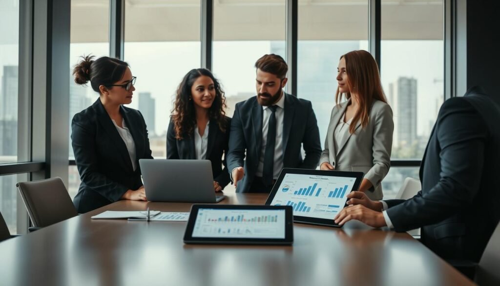 A professional office setting illustrating the concept of personnel management for temporary staffing. In the foreground, a diverse team of three professionals engaged in a collaborative discussion, they are dressed in smart business attire. One person is pointing at a laptop, while the others observe attentively. In the middle ground, a modern conference table with a few documents and a tablet displaying charts and graphs related to recruitment processes. The background features large windows letting in natural light, showcasing a cityscape. The atmosphere is dynamic yet focused, conveying a sense of teamwork and efficiency. Soft, muted colors enhance the professional ambiance, with a shallow depth of field emphasizing the group in the foreground while the background remains slightly blurred. The lighting is bright yet warm, contributing to an inviting and productive work environment. A professional office setting illustrating the concept of personnel management for temporary staffing. In the foreground, a diverse team of three professionals engaged in a collaborative discussion, they are dressed in smart business attire. One person is pointing at a laptop, while the others observe attentively. In the middle ground, a modern conference table with a few documents and a tablet displaying charts and graphs related to recruitment processes. The background features large windows letting in natural light, showcasing a cityscape. The atmosphere is dynamic yet focused, conveying a sense of teamwork and efficiency. Soft, muted colors enhance the professional ambiance, with a shallow depth of field emphasizing the group in the foreground while the background remains slightly blurred. The lighting is bright yet warm, contributing to an inviting and productive work environment.