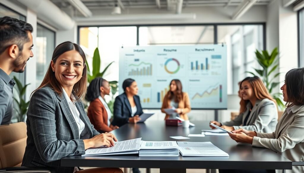 A professional office setting showcasing a diverse group of employees engaged in an internal recruitment discussion. In the foreground, a smiling woman in business attire reviews resumes at a conference table, surrounded by colleagues in formal wear. The middle of the image features a large, transparent whiteboard displaying charts and graphs related to performance metrics and employee growth. In the background, modern office décor, including plants and large windows letting in natural light, enhances the environment. The lighting is bright and inviting, conveying a sense of energy and collaboration. The atmosphere is professional yet warm, illustrating the advantages of internal recruitment processes versus external hiring. Camera angle is slightly elevated, capturing the interaction and focus within the team.