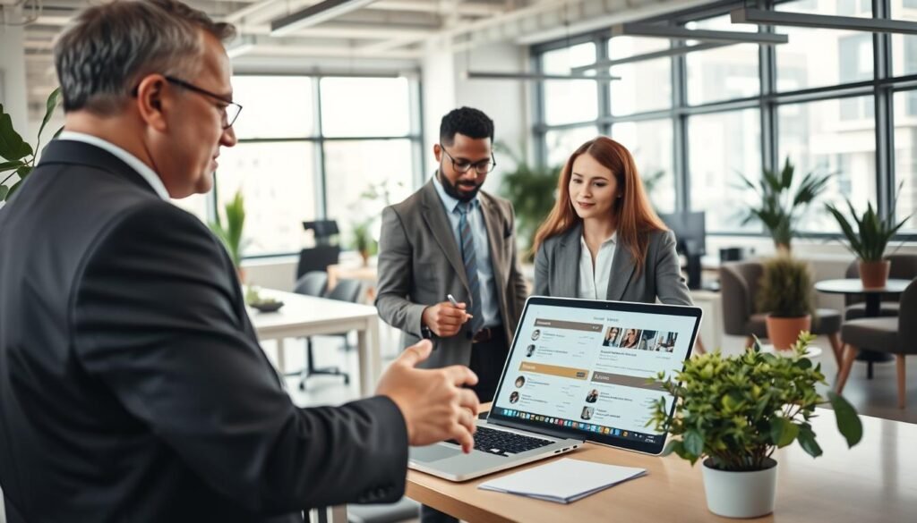 A professional office setting showcasing a diverse group of individuals engaged in a collaborative discussion about job opportunities and recruitment challenges. In the foreground, a middle-aged man in a smart suit gestures towards a laptop displaying job listings, while a young woman in a business casual outfit takes notes. In the middle ground, an open office space filled with plants and modern furniture creates a warm, inviting atmosphere. The background features large windows allowing natural light to flood the room, enhancing the productivity vibe. Soft, professional lighting casts gentle shadows, creating depth. Overall, the mood is focused and cooperative, highlighting teamwork in tackling common recruitment issues. A professional office setting showcasing a diverse group of individuals engaged in a collaborative discussion about job opportunities and recruitment challenges. In the foreground, a middle-aged man in a smart suit gestures towards a laptop displaying job listings, while a young woman in a business casual outfit takes notes. In the middle ground, an open office space filled with plants and modern furniture creates a warm, inviting atmosphere. The background features large windows allowing natural light to flood the room, enhancing the productivity vibe. Soft, professional lighting casts gentle shadows, creating depth. Overall, the mood is focused and cooperative, highlighting teamwork in tackling common recruitment issues.