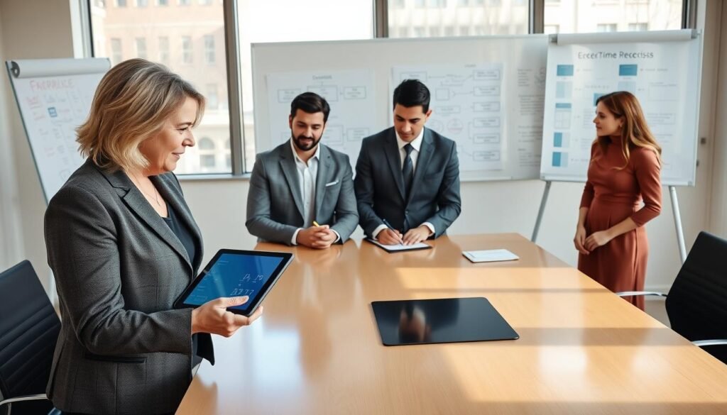 A professional office setting with a diverse group of four business people engaged in a collaborative discussion around a sleek conference table. In the foreground, a middle-aged woman in a smart blazer is pointing at a digital tablet, illustrating key points about the selection process. In the middle background, two men in business suits are attentive, one taking notes, while a young woman in a smart dress observes thoughtfully. Soft, natural lighting filters through large windows, creating an inviting atmosphere. The background includes a whiteboard filled with flowcharts and notes, symbolizing the stages of the personnel selection process. The overall mood is one of focus and determination, reflecting clarity and decisiveness as they conclude their discussions.