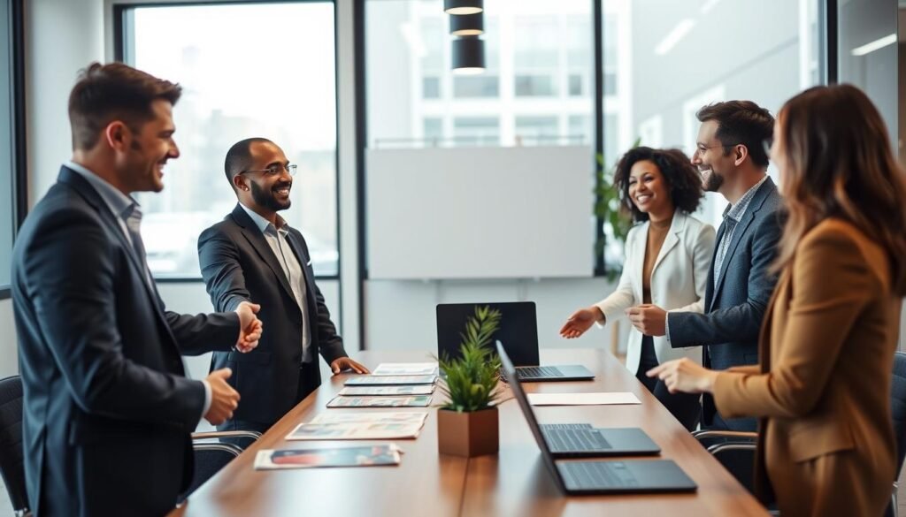 A professional onboarding process scene in a modern office setting. In the foreground, a diverse group of three well-dressed individuals, two men and one woman, engage in a welcoming conversation, smiling and exchanging handshakes. In the middle ground, a sleek conference table filled with onboarding materials like brochures and laptops, complemented by a plant for a refreshing touch. The background features large windows with natural light pouring in, illuminating the space and creating a warm atmosphere. The overall mood is friendly and supportive, emphasizing teamwork and integration. The perspective is slightly angled to create depth, showcasing a vibrant, inviting office environment designed for collaboration and connection.