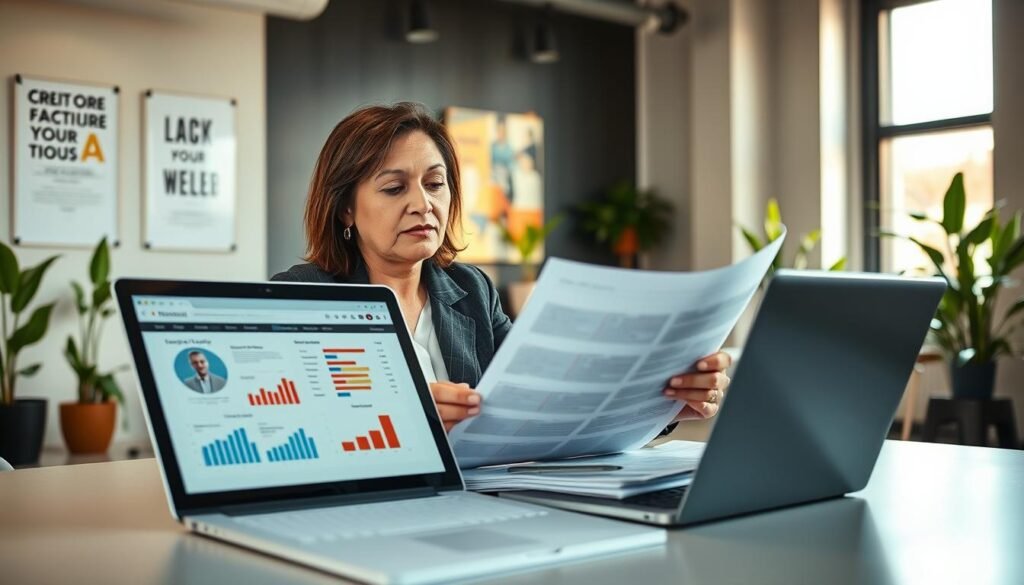 A professional recruiter analyzing resumes, seated at a contemporary desk in a well-lit office. In the foreground, a laptop displays a candidate's profile with visible graphs and charts illustrating skills and experiences. The middle section shows the recruiter, a middle-aged South American woman, dressed in smart business attire, thoughtfully reviewing documents. The background features a modern office space with motivational posters on the walls and plants that create a welcoming atmosphere. Soft, natural light filters through large windows, creating a bright and inviting mood. Focus on a slight angle that captures the intensity of the selection process, emphasizing professionalism and dedication in recruitment.