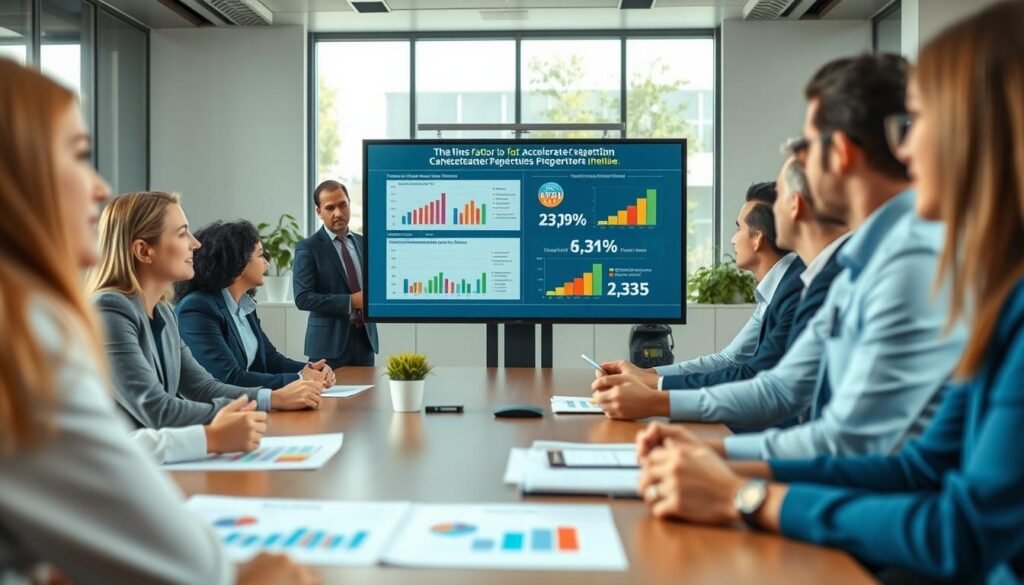 A professional recruiting scene focusing on the factors that can accelerate or lengthen the selection process. In the foreground, a diverse group of professionals in business attire is engaged in a discussion around a large conference table, with one individual presenting on a screen showing statistics related to hiring timelines. In the middle ground, visible elements include colorful charts and graphs, highlighting key metrics such as candidate response times and interview scheduling efficiency. The background features a modern office environment with large windows letting in natural light, creating a bright and inviting atmosphere. The overall mood is dynamic and collaborative, conveying urgency and importance in recruitment decisions, captured from a slightly elevated angle to showcase both the participants and presentation materials effectively.
