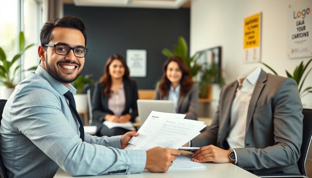 A professional recruitment office scene in Colombia, showcasing a diverse group of candidates engaged in the selection process. In the foreground, a well-dressed recruiter sits at a desk, reviewing resumes on a laptop, with a welcoming smile. In the middle ground, two candidates, a woman in a smart blouse and a man in a tailored suit, are seated across from him, displaying a focused and hopeful demeanor. The background features a bright and modern office environment with large windows letting in natural light, plants for a touch of greenery, and motivational posters on the walls. The mood is professional yet inviting, emphasizing the importance of the recruitment process while conveying a sense of optimism and opportunity. Use a warm color palette and soft lighting to enhance the atmosphere.