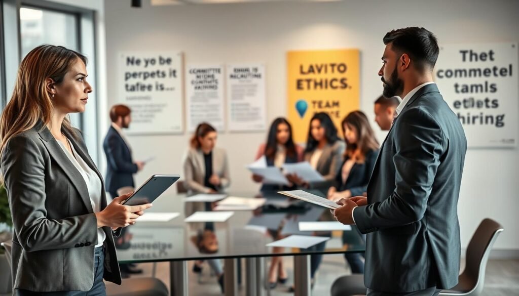 A professional recruitment process scene, depicting a diverse group of people in a modern office setting. In the foreground, a female recruiter dressed in formal business attire holds a tablet, engaged in a thoughtful discussion with a male candidate, who is dressed in a smart casual outfit. In the middle ground, a glass conference table is surrounded by diverse committee members reviewing resumes, all wearing business attire, showcasing collaboration. The background features large windows allowing natural light to pour in, and motivational posters on the walls about teamwork and ethics in hiring. The atmosphere is focused and professional, reflecting a sense of diligence, respect, and innovation in the selection process. Soft, warm lighting enhances the welcoming environment, while a shallow depth of field emphasizes the subjects in conversation. A professional recruitment process scene, depicting a diverse group of people in a modern office setting. In the foreground, a female recruiter dressed in formal business attire holds a tablet, engaged in a thoughtful discussion with a male candidate, who is dressed in a smart casual outfit. In the middle ground, a glass conference table is surrounded by diverse committee members reviewing resumes, all wearing business attire, showcasing collaboration. The background features large windows allowing natural light to pour in, and motivational posters on the walls about teamwork and ethics in hiring. The atmosphere is focused and professional, reflecting a sense of diligence, respect, and innovation in the selection process. Soft, warm lighting enhances the welcoming environment, while a shallow depth of field emphasizes the subjects in conversation.