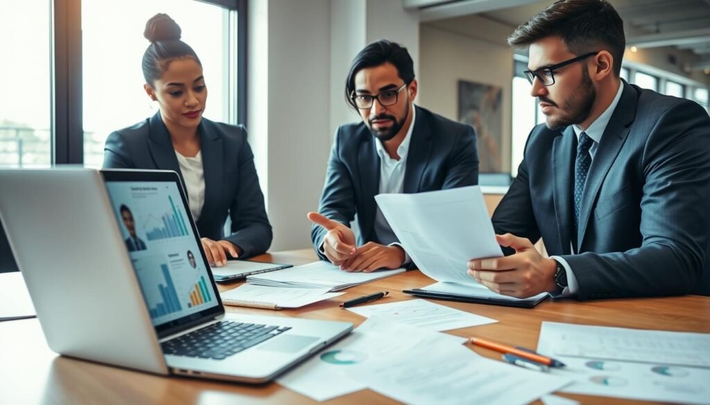 A professional recruitment scene focused on strategic hiring, featuring a diverse group of three individuals in business attire, engaged in a discussion around a table in a modern office setting. In the foreground, a laptop displays graphs and candidate profiles, while papers and notes are scattered about, demonstrating a thorough recruitment process. In the middle, two professionals—one woman and one man—are actively sharing insights, using hand gestures to emphasize key points. The woman is pointing at the laptop screen, while the man listens intently, taking notes. In the background, a large window lets in soft, natural light, illuminating the room and creating a collaborative atmosphere. The image captures a sense of urgency and insightfulness, highlighting the importance of effective recruitment strategies. A professional recruitment scene focused on strategic hiring, featuring a diverse group of three individuals in business attire, engaged in a discussion around a table in a modern office setting. In the foreground, a laptop displays graphs and candidate profiles, while papers and notes are scattered about, demonstrating a thorough recruitment process. In the middle, two professionals—one woman and one man—are actively sharing insights, using hand gestures to emphasize key points. The woman is pointing at the laptop screen, while the man listens intently, taking notes. In the background, a large window lets in soft, natural light, illuminating the room and creating a collaborative atmosphere. The image captures a sense of urgency and insightfulness, highlighting the importance of effective recruitment strategies.