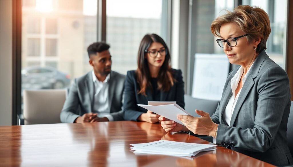 A professional recruitment scene in a modern office setting, showcasing a diverse group of candidates in business attire engaged in a selection interview. In the foreground, a well-dressed interviewer, a middle-aged woman with short, stylish hair, sits at a polished wooden table, reviewing resumes with a thoughtful expression. In the middle ground, two candidates, a young man with glasses and a woman with long black hair, sit across from her, displaying confidence and professionalism as they engage in a discussion. The background features a large window with natural light streaming in, illuminating the space and creating a warm, welcoming atmosphere. Soft reflections can be seen on the glass, adding depth to the scene. The overall mood is focused and serious, emphasizing the strategic nature of effective personnel selection.