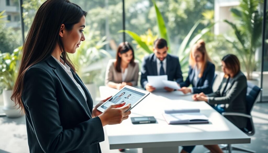 A professional recruitment scene showcasing a diverse group of individuals in a modern office setting. In the foreground, a confident businesswoman in a tailored suit discusses candidates' profiles on a tablet, exuding leadership. In the middle ground, two business professionals, one male and one female, review resumes while seated at a sleek conference table, dressed in smart casual attire. The background features a glass-walled office with greenery visible outside, creating a fresh, inviting atmosphere. The lighting is bright and natural, streaming through large windows, casting soft shadows. The scene captures a collaborative and dynamic ambiance, emphasizing the innovative tools and trends in recruitment that enhance benefits in talent selection, set in a contemporary Colombian business environment.