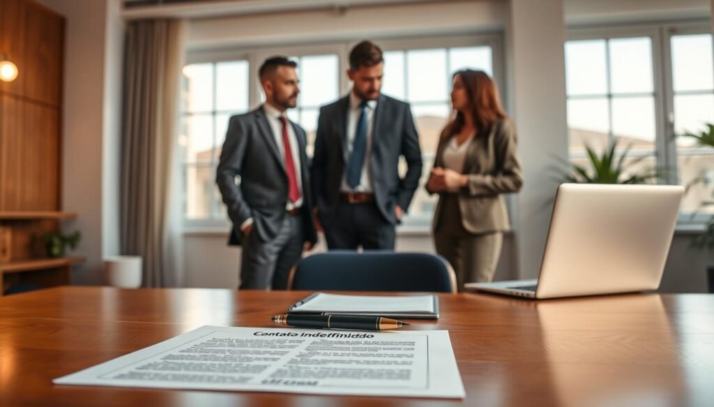 A professional setting capturing a "Contrato Indefinido" concept, featuring an elegant wooden desk in the foreground, adorned with a formal contract document, a pen, and a laptop. In the middle ground, a diverse group of three business professionals—two men and one woman—are engaged in a discussion, dressed in smart business attire, reflecting collaboration and stability. Soft, warm lighting from large windows in the background creates an inviting atmosphere. The setting should convey a sense of trust and professionalism, emphasizing the importance of long-term employment relationships. The angle should be slightly elevated, allowing a clear view of the contract and the engaged professionals, while maintaining a harmonious, focused atmosphere devoid of distractions.