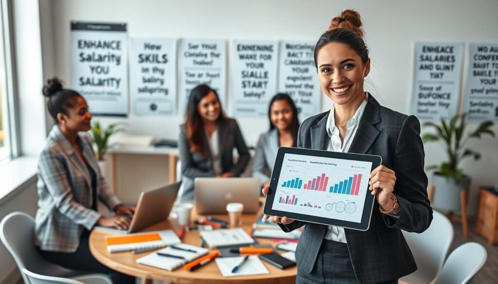 A professional setting showcasing a diverse group of four individuals engaged in a collaborative workshop. In the foreground, a confident woman in professional business attire presents a digital tablet displaying charts and graphs, illustrating competencies and skills development. The middle ground features a round table filled with study materials, laptops, and tools, symbolizing various resources for recruitment training. In the background, a large window lets in natural light, illuminating the modern office environment filled with motivational posters about professional growth. The atmosphere is dynamic and focused, reflecting a productive discussion about enhancing salaries through skills and study. Soft lighting creates an inviting ambiance, emphasizing teamwork and professional development.