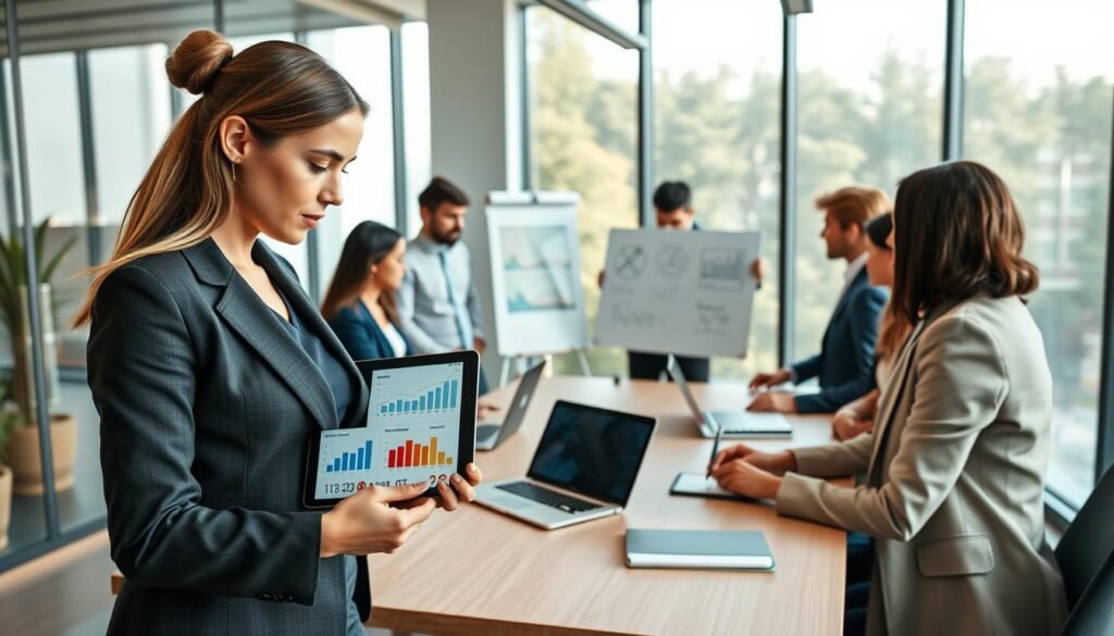 A sleek, modern office meeting room showcasing a group of diverse professionals engaged in a discussion about recruitment metrics. In the foreground, a confident woman in business attire analyzes a digital tablet, displaying graphs and charts representing selection timelines and common hiring errors. In the middle, a diverse group of colleagues, including men and women dressed in business attire, gather around a large table, surrounded by laptops and notepads, deep in conversation with a whiteboard illustrating key metrics. In the background, large windows allow natural light to pour in, casting a bright and welcoming atmosphere. The mood is collaborative and focused, evoking a sense of professionalism and urgency in the hiring process. Use soft, natural lighting to enhance the workspace's modernity and create an inviting environment.