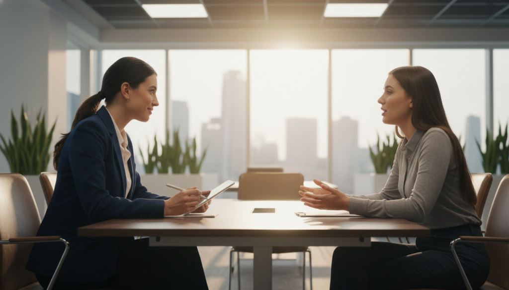 A sophisticated and modern interview setting, featuring a diverse group of professionals seated around a sleek conference table. In the foreground, a confident female interviewer in business attire, carefully listening and taking notes, exudes warmth and attentiveness. In the middle, a candidate dressed in smart casual clothing presents her background, conveying engagement and enthusiasm. Behind them, a bright, airy office space with large windows allowing natural light to illuminate the scene, paired with elegant greenery. The atmosphere is one of collaboration and innovation, highlighting a personalized interview experience. Use a soft-focus lens effect to create an inviting mood, with warm lighting that emphasizes the professionalism and efficiency of the encounter.
