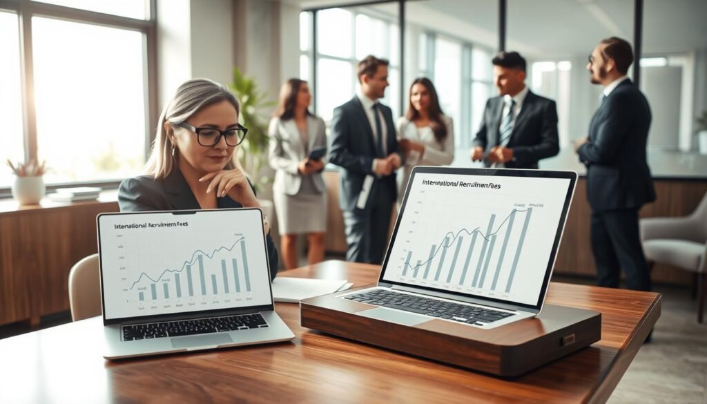 A sophisticated office setting representing international recruitment benchmarks. In the foreground, an elegant wooden desk with a sleek laptop displaying graphs of recruitment fees. A professional in business attire, a middle-aged woman with glasses, thoughtfully reviews a document, while a diverse group of colleagues, dressed in formal business attire, engage in a discussion in the background. Soft natural light filters through large windows, creating a bright and positive atmosphere. The overall composition should convey professionalism, collaboration, and expertise in the recruitment industry. The camera angle is slightly above eye level, capturing both the desk and the dynamic interaction among the team.