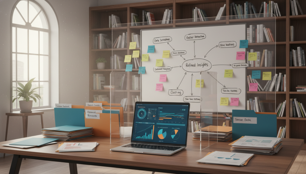 A stylized workspace showcasing various "filtration techniques" used for data evaluation. In the foreground, display a modern desk with a laptop open, featuring data analysis software, charts, and visualization graphs. Surround the desk with organized folders and documents that illustrate different types of information being filtered. In the middle, show a large whiteboard covered with colorful sticky notes detailing filtration criteria, diagramming the process in a clear and visually engaging manner. The background includes shelves filled with books on data analysis and filtering techniques. Soft, natural light streams through a large window, creating a bright and professional atmosphere, ideal for focusing on specialized evaluation methods. The overall mood should be one of clarity, professionalism, and innovation in data management.