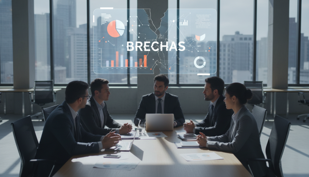 A symbolic representation of "information gaps" in a corporate context. In the foreground, a diverse group of professionals in business attire is engaged in a thoughtful discussion around a table cluttered with digital devices and reports, emphasizing collaboration. In the middle, a transparent digital screen displays fragmented data visuals and graphs, illustrating the concept of 'brechas' in information flow. The background features a modern office space with large windows allowing natural light, casting sharp shadows that create a dramatic contrast. The atmosphere is serious yet focused, conveying urgency and the importance of addressing information security in human resources. The overall mood is professional and insightful, inviting viewers to reflect upon the significance of tackling real-world information gaps.