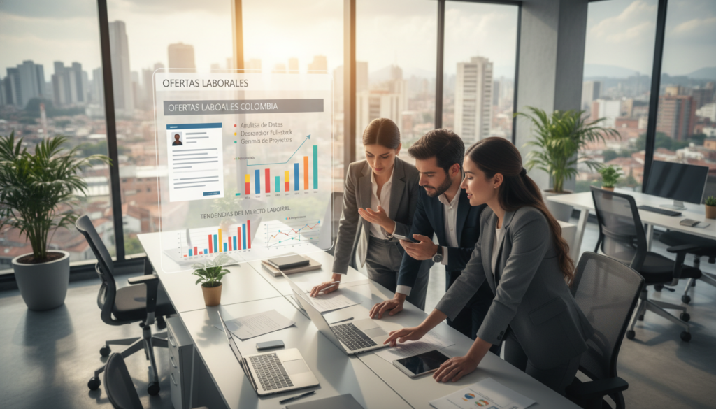 A vibrant and dynamic digital workspace showcasing professionals engaging with their laptops and digital devices. In the foreground, a diverse group of individuals in smart business attire—two women and one man—discuss job opportunities and collaborate on projects. The middle ground features a large screen displaying job vacancy listings and graphs indicating market trends. In the background, a modern office environment with sleek furniture, plants, and large windows letting in natural light, enhancing the professional yet inviting atmosphere. The lighting is bright and clear, with a warm tone creating an optimistic mood. The angle is slightly elevated to capture both the energy of the team and the visuals on the screen, highlighting the theme of digital labor market indicators in Colombia.