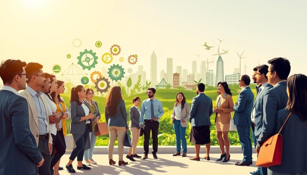 A vibrant and dynamic illustration representing various sectors thriving in Cali and Colombia. In the foreground, a diverse group of professionals in business attire are engaged in discussion, showcasing collaboration and innovation. The middle layer features symbols of key sectors like technology, agriculture, and tourism, represented by graphical elements such as gears, crops, and nature scenes, blending together harmoniously. The background presents the iconic Cali skyline under bright, natural lighting, conveying a sense of optimism and growth. The atmosphere is lively and inspiring, evoking the entrepreneurial spirit of the region. Use a wide-angle perspective to capture the energy and diversity of the scene, ensuring clarity and depth throughout the composition.