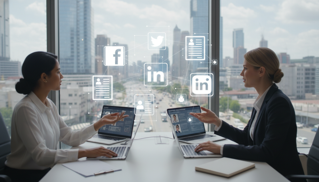 A vibrant and engaging digital workspace that represents "redes sociales" (social media), showcasing various social media platforms like Facebook, LinkedIn, Twitter, and Instagram. In the foreground, include a diverse group of three professionals in business attire, collaborating at a modern desk with laptops and smartphones, engaged in a discussion about digital recruitment strategies. The middle ground features floating, translucent icons representing different social media platforms, interacting with elements like resumes and job postings. In the background, a large window reveals a bustling cityscape, indicating a dynamic, fast-paced environment. The lighting is bright and inviting, with a soft focus on the professionals, evoking a sense of collaboration and innovation in online recruitment. The mood is energetic and collaborative, emphasizing quality candidate attraction.