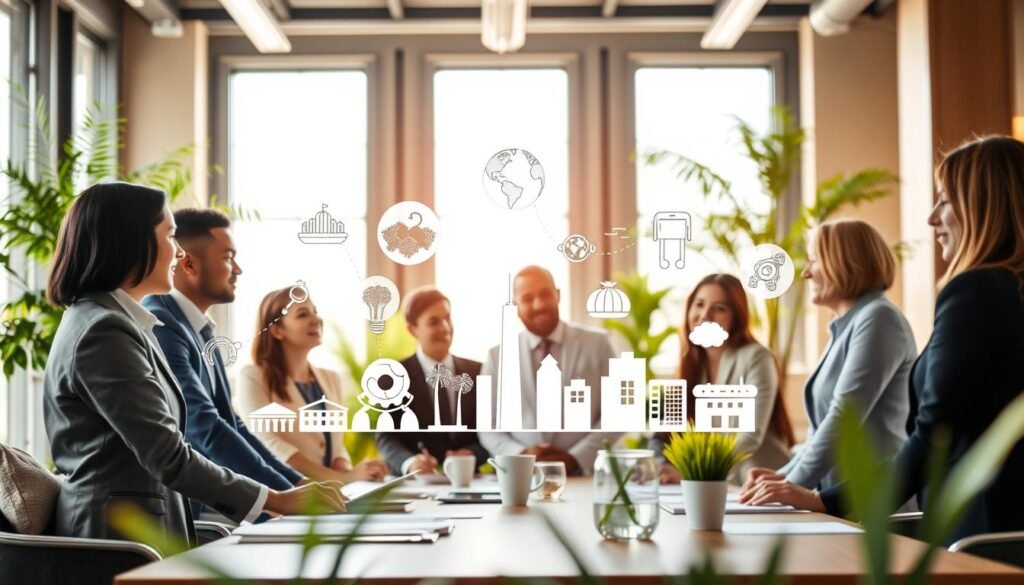 A vibrant scene depicting the advantages of temporary services for various seasonal industries. In the foreground, a diverse group of professionals in business attire is engaged in a lively discussion around a table, showcasing teamwork and collaboration. The middle ground features visual icons representing different industries, such as agriculture, tourism, and retail, symbolizing growth and opportunity. In the background, a bright office environment with large windows and greenery creates a warm, inviting atmosphere. Natural light floods the space, enhancing the sense of optimism and productivity. The composition is framed with a slight upward angle, evoking a forward-looking perspective. Overall, the mood is dynamic and professional, reflecting the benefits of temporary staffing solutions in seasonal sectors.
