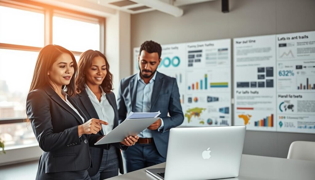 A well-lit, modern office environment featuring a diverse group of four professionals engaged in a collaborative discussion about recruitment strategies. In the foreground, a confident woman of Asian descent in a tailored suit points at data on a laptop, while a Black man in smart casual attire takes notes. The middle ground shows a large wall with infographics and charts illustrating key recruitment statistics. In the background, a window reveals a cityscape, capturing a bright and energetic atmosphere. Soft, natural lighting enters the room, creating a warm and inviting mood. The composition emphasizes teamwork and professionalism, evoking a sense of effective recruitment practices that enhance candidate quality and hiring success.