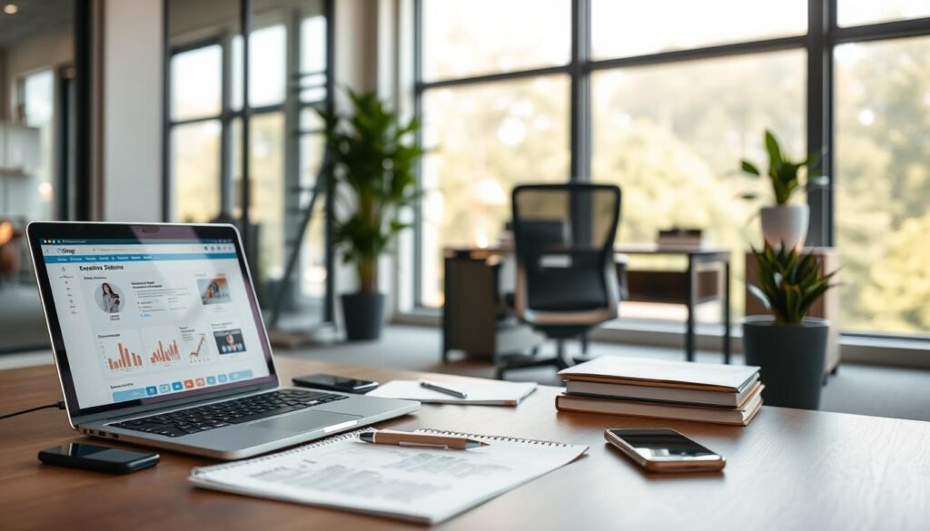 A well-organized workspace featuring an array of sophisticated tools and technology for executive selection. In the foreground, display a sleek laptop open to a modern recruitment software interface, surrounded by a tablet, smart phone, and a notepad with professional sketches. In the middle ground, include an ergonomic office chair and a stylish desk decorated with high-quality stationery and a potted plant, conveying a sense of productivity and professionalism. The background should showcase a softly lit, modern office space with large windows allowing natural light to filter through, creating a welcoming atmosphere. Use a shallow depth of field to emphasize the tools while maintaining a crisp view of the tranquil office setting. The mood should be focused and conducive to high-level decision-making, reflecting the importance of quality in executive selection. A well-organized workspace featuring an array of sophisticated tools and technology for executive selection. In the foreground, display a sleek laptop open to a modern recruitment software interface, surrounded by a tablet, smart phone, and a notepad with professional sketches. In the middle ground, include an ergonomic office chair and a stylish desk decorated with high-quality stationery and a potted plant, conveying a sense of productivity and professionalism. The background should showcase a softly lit, modern office space with large windows allowing natural light to filter through, creating a welcoming atmosphere. Use a shallow depth of field to emphasize the tools while maintaining a crisp view of the tranquil office setting. The mood should be focused and conducive to high-level decision-making, reflecting the importance of quality in executive selection.