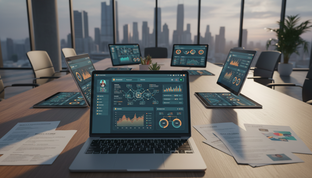 An aesthetically pleasing workspace showcasing various recruitment selection tools for artificial intelligence. In the foreground, a modern laptop displays an intuitive user interface of a recruitment software, adorned with graphs and candidate profiles. Surrounding the laptop, sleek, colorful data visualization printouts and resumes are neatly organized. In the middle ground, a professional business setting with a large conference table, equipped with tablets and smart devices showcasing AI-driven analytics. The background features large windows with natural light streaming in, casting soft shadows. The atmosphere is one of innovation and professionalism, emphasizing technology's role in transforming recruitment. The color palette combines cool tones with warm accents, evoking a sense of forward-thinking and collaboration.