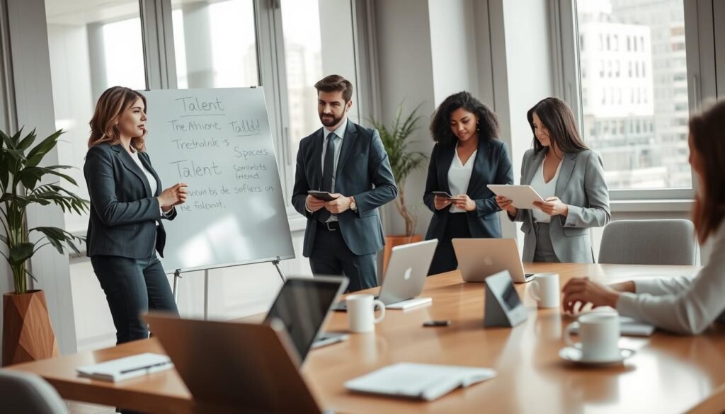 An elegant office space showcasing a diverse team of professionals engaged in a collaborative talent management session. In the foreground, a confident woman in a business suit stands at a whiteboard, presenting insights on talent strategies. Beside her, a focused man takes notes while a third colleague, a woman in smart casual attire, analyzes data on a laptop. In the middle ground, a large conference table is adorned with laptops, notepads, and coffee cups, reflecting a productive environment. The background features large windows letting in natural light, creating a warm and inviting atmosphere. Soft, diffused lighting enhances the professionalism and teamwork, while a slight depth of field draws attention to the engaged faces of the team members.