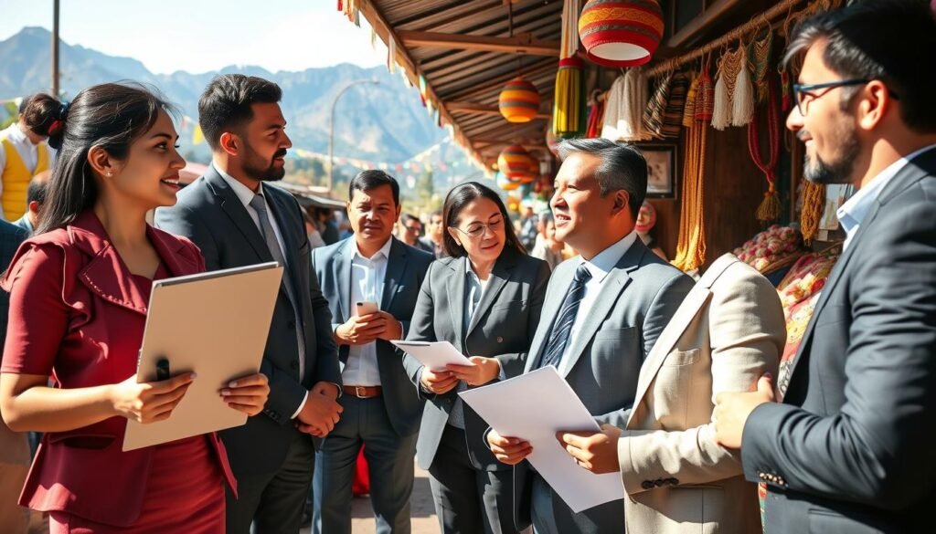 In a bustling Colombian market scene, showcase a diverse group of professionals in smart business attire engaged in a lively discussion about talent consultancy and headhunting. In the foreground, a well-dressed Colombian woman holds a clipboard, while two men in suits exchange ideas near a stall displaying various local crafts and products. In the middle ground, colorful banners and traditional Colombian elements add cultural richness, emphasizing the market atmosphere. In the background, a picturesque view of the Andean mountains provides a serene backdrop. The lighting is bright and natural, casting soft shadows that create an inviting and energetic mood. The angle is slightly elevated, allowing a comprehensive view of interaction and cultural context, highlighting the importance of cultural adjustments in business settings.